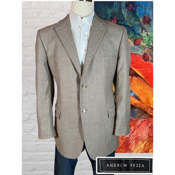 Andrew Fezza 44R Men Taupe Beige Herringbone Silk Tweed Blazer Sport Coat Jacket - Picture 6 of 15